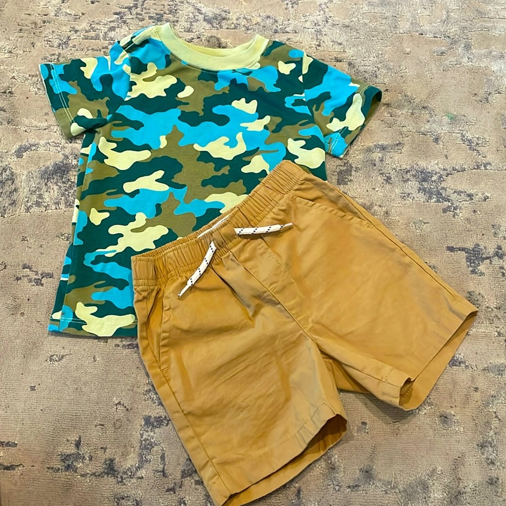 Cat & Jack 2T short sleeve shirt green and blue and Free Planet shorts 2T beige.